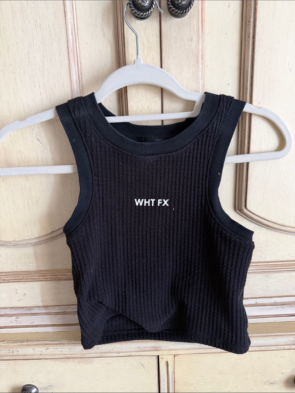 White Fox Boutique Black Ribbed Crop Tank with WHT FX Logo size medium fits sz S